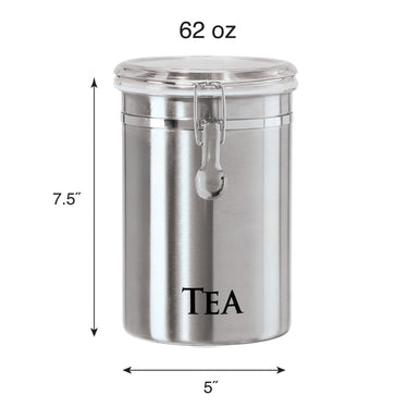 Oggi Stainless Steel Tea Canister 62 fl oz - Airtight Clamp Lid, Clear See-Thru Top - Ideal for Tea Bag Storage, Loose Tea Storage, Kitchen Storage, Pantry Storage. Large Size 5
